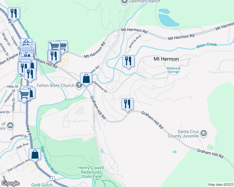 map of restaurants, bars, coffee shops, grocery stores, and more near 72 Forest Road in Felton