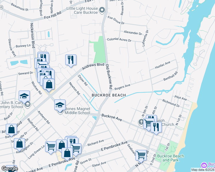 map of restaurants, bars, coffee shops, grocery stores, and more near 1659 Old Buckroe Road in Hampton