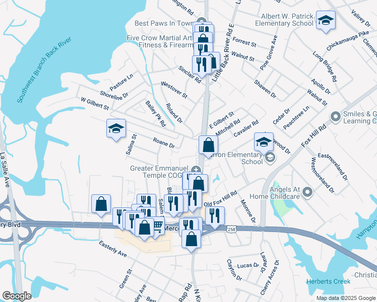 map of restaurants, bars, coffee shops, grocery stores, and more near 110 Lantana Lane in Hampton