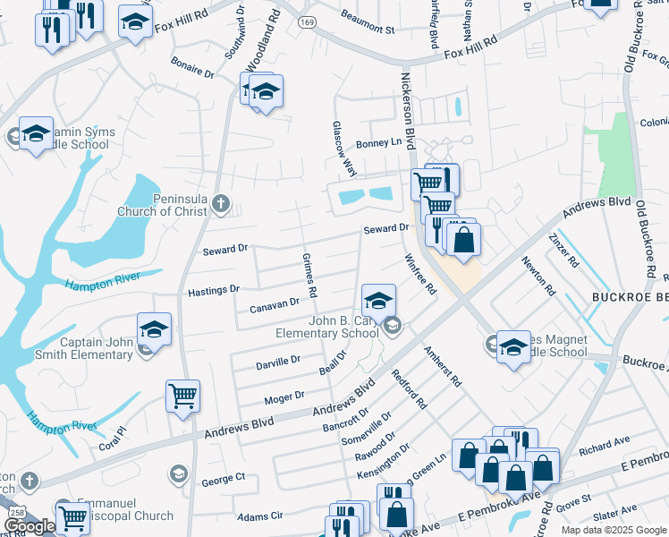 map of restaurants, bars, coffee shops, grocery stores, and more near 1909 Hastings Drive in Hampton