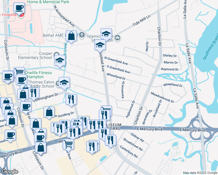 map of restaurants, bars, coffee shops, grocery stores, and more near 2106 North Armistead Avenue in Hampton