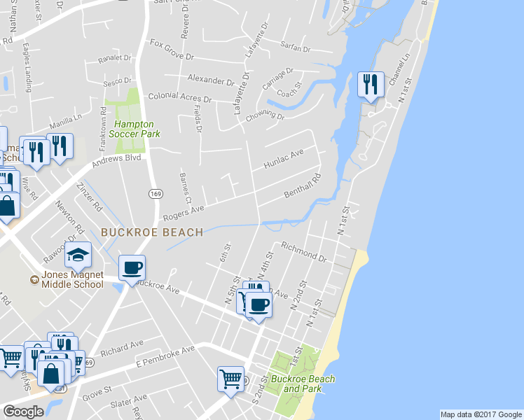 map of restaurants, bars, coffee shops, grocery stores, and more near 451 Benthall Road in Hampton