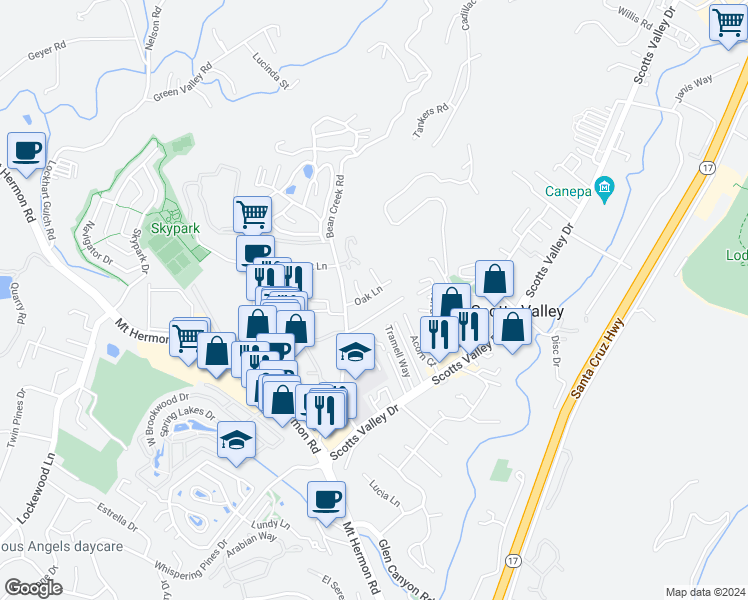 map of restaurants, bars, coffee shops, grocery stores, and more near 114 Oak Lane in Scotts Valley