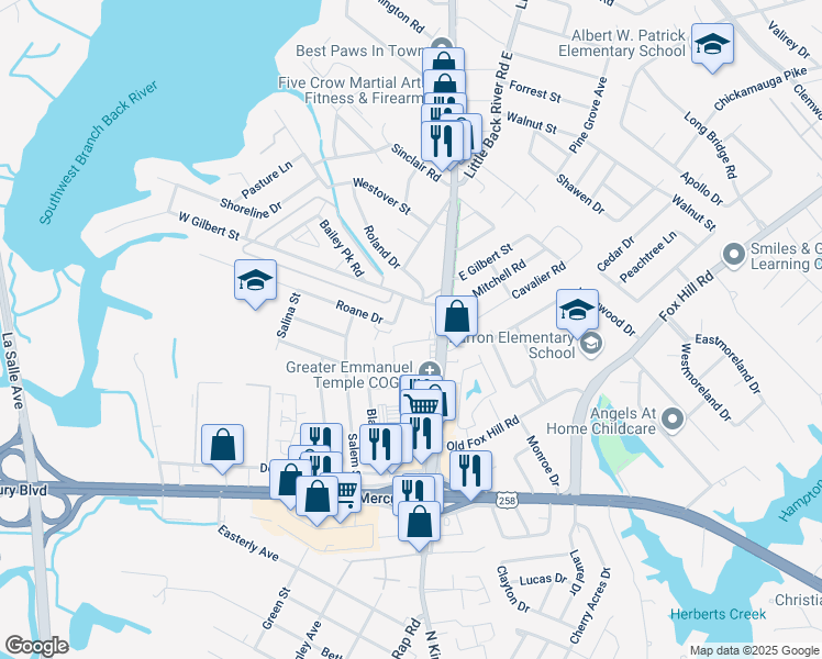 map of restaurants, bars, coffee shops, grocery stores, and more near 110 Lantana Lane in Hampton