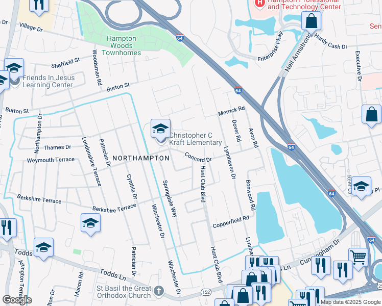map of restaurants, bars, coffee shops, grocery stores, and more near 508 Concord Drive in Hampton