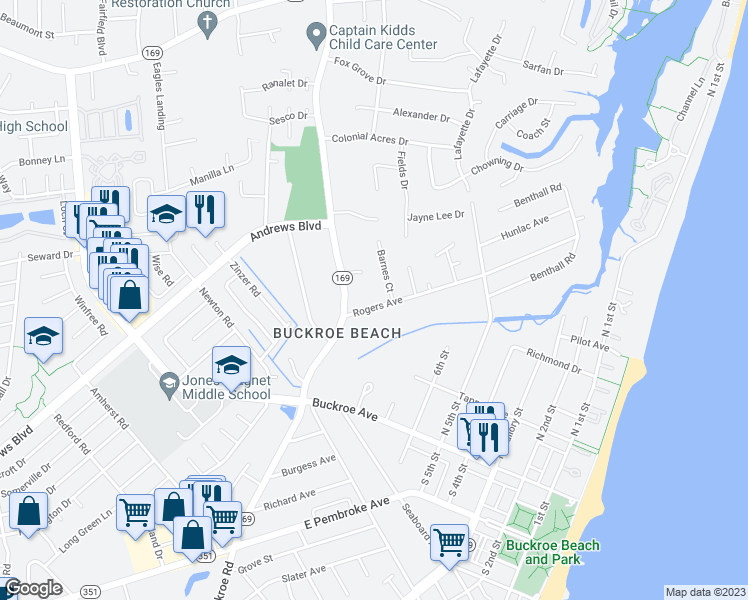 map of restaurants, bars, coffee shops, grocery stores, and more near 546 Rogers Avenue in Hampton