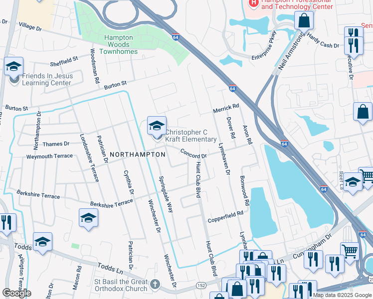 map of restaurants, bars, coffee shops, grocery stores, and more near 508 Concord Drive in Hampton