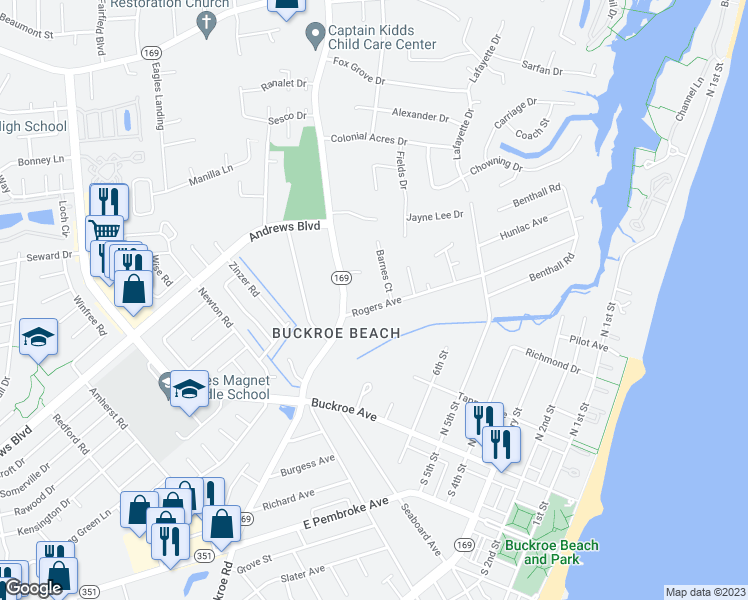 map of restaurants, bars, coffee shops, grocery stores, and more near 546 Rogers Avenue in Hampton
