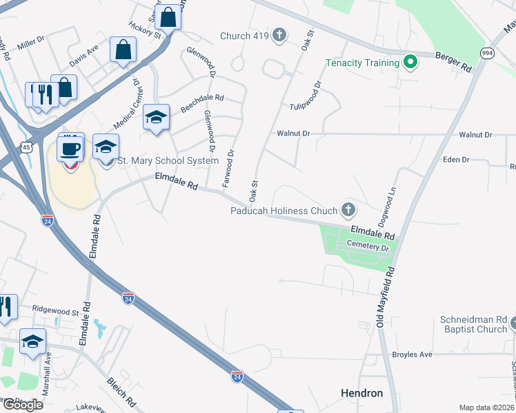 map of restaurants, bars, coffee shops, grocery stores, and more near Elmdale Road in Paducah