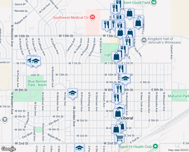 map of restaurants, bars, coffee shops, grocery stores, and more near 901-999 N Sherman Ave in Liberal