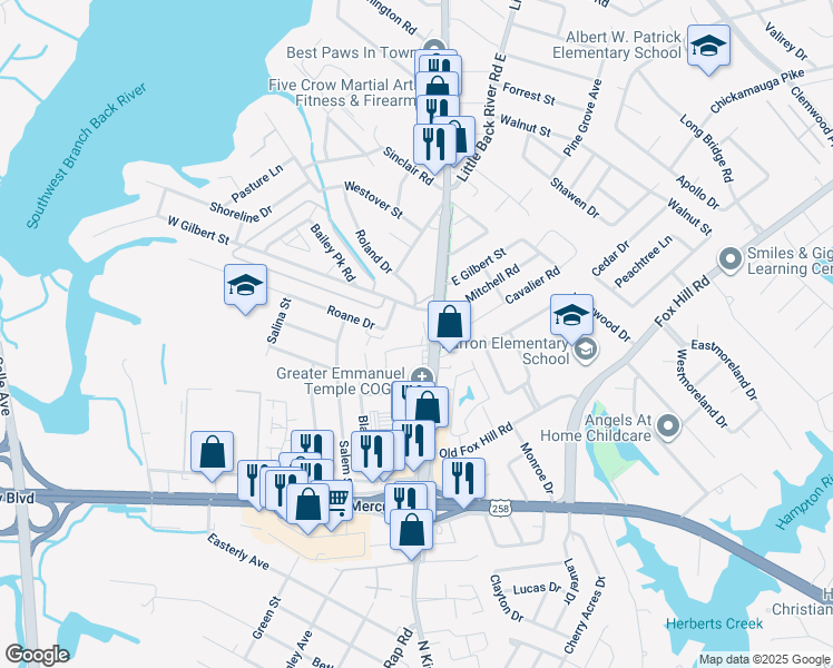 map of restaurants, bars, coffee shops, grocery stores, and more near 102 Lantana Lane in Hampton