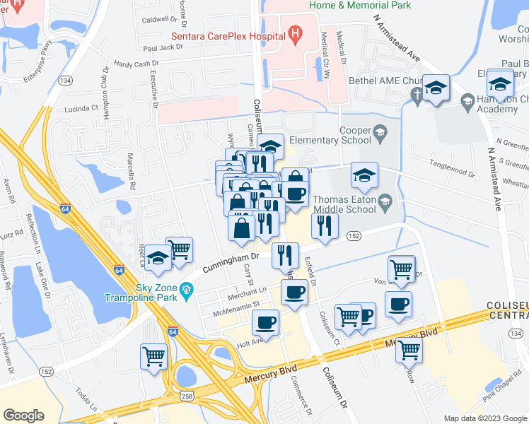 map of restaurants, bars, coffee shops, grocery stores, and more near 91 Coliseum Crossing in Hampton