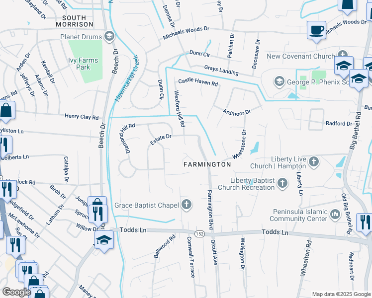 map of restaurants, bars, coffee shops, grocery stores, and more near 7 Summit Ridge Circle in Hampton