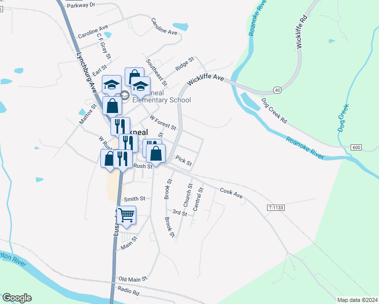 map of restaurants, bars, coffee shops, grocery stores, and more near 115 East Williams Street in Brookneal