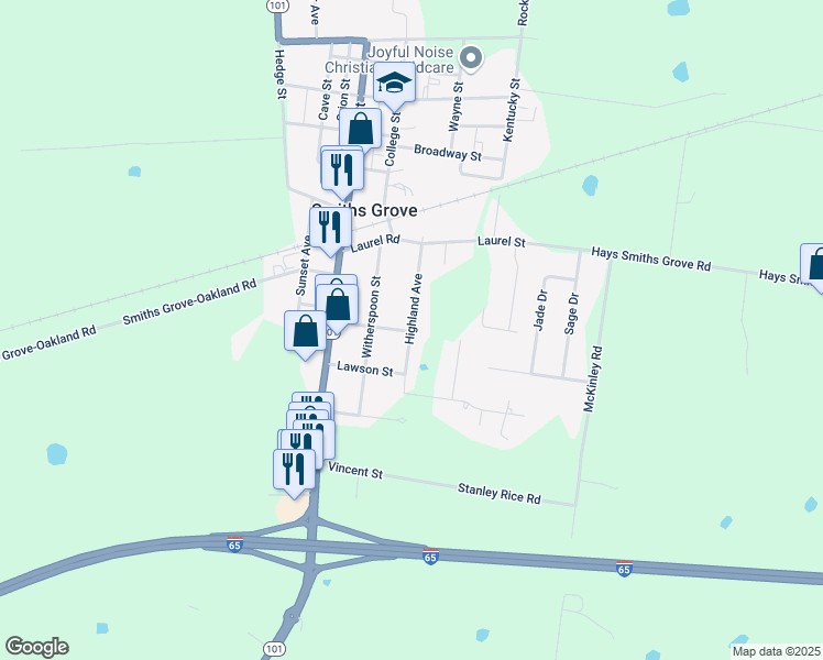 map of restaurants, bars, coffee shops, grocery stores, and more near 199 Highland Ave in Smiths Grove