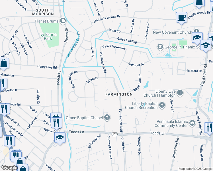 map of restaurants, bars, coffee shops, grocery stores, and more near 7 Summit Ridge Circle in Hampton