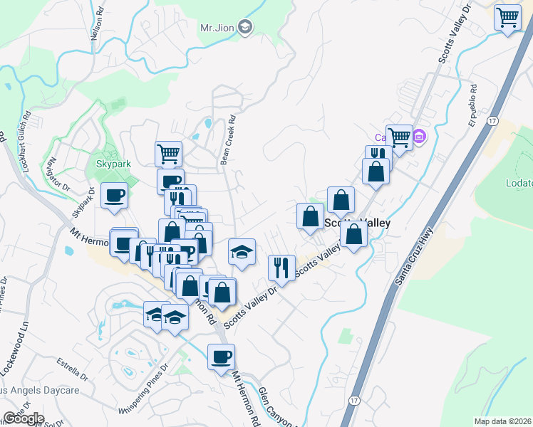 map of restaurants, bars, coffee shops, grocery stores, and more near 118 Christel Oaks Drive in Scotts Valley