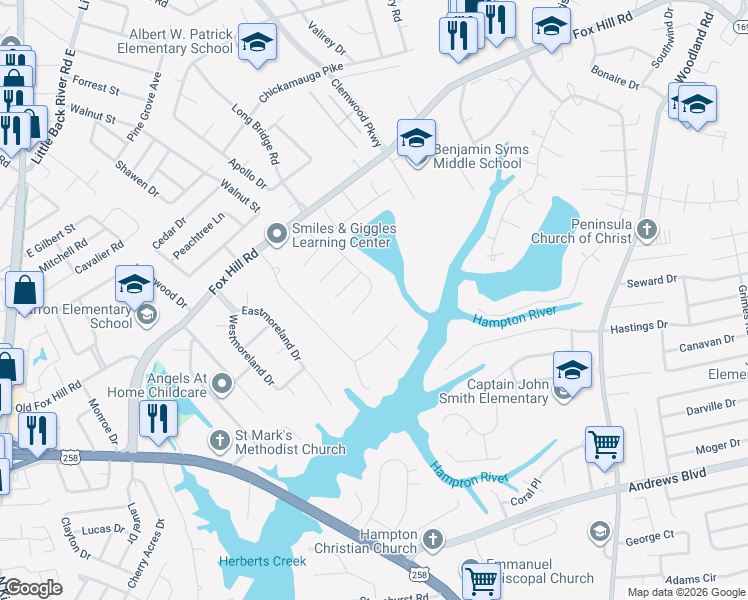 map of restaurants, bars, coffee shops, grocery stores, and more near 31 Lake Ferguson Court in Hampton