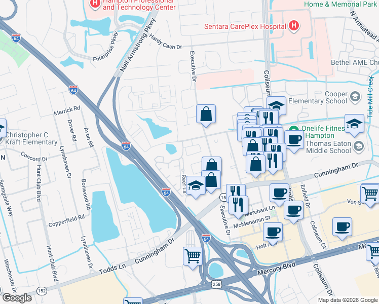 map of restaurants, bars, coffee shops, grocery stores, and more near 101 Lake Tower Drive in Hampton