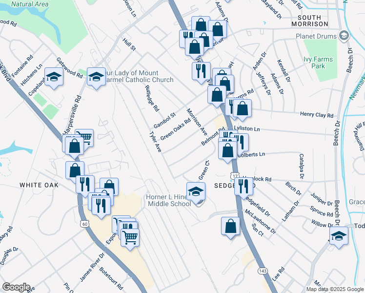 map of restaurants, bars, coffee shops, grocery stores, and more near 41 Greenwood Road in Newport News