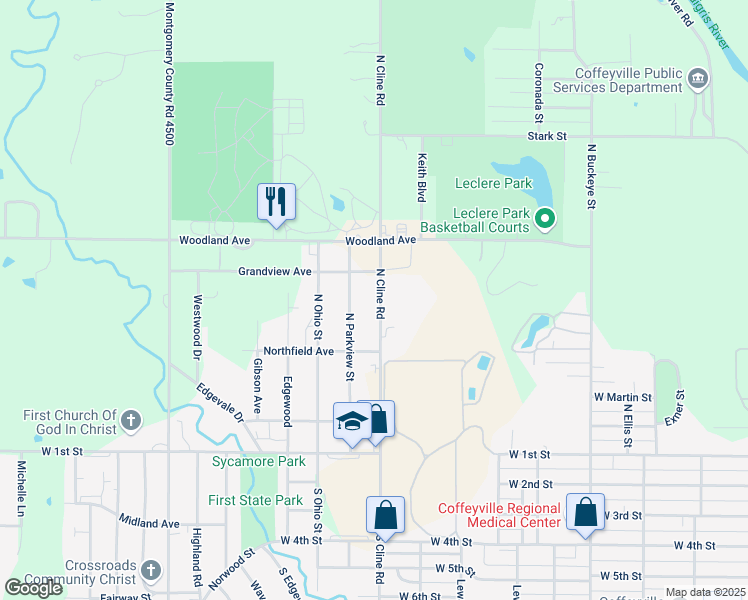 map of restaurants, bars, coffee shops, grocery stores, and more near 606 North Cline Road in Coffeyville