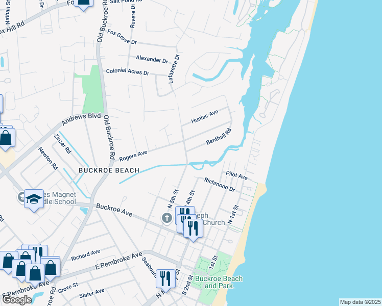 map of restaurants, bars, coffee shops, grocery stores, and more near 449 Benthall Road in Hampton