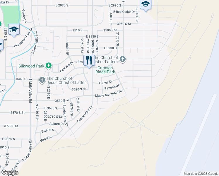 map of restaurants, bars, coffee shops, grocery stores, and more near East Tanoak Drive in St. George