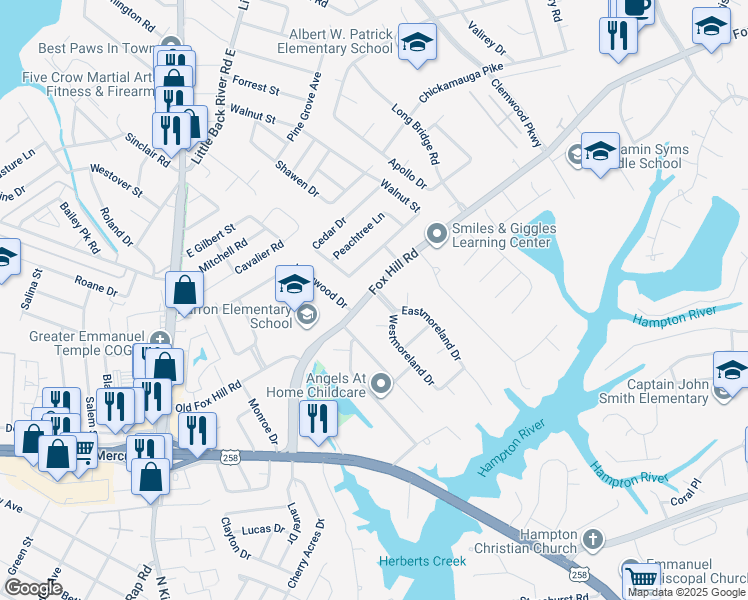 map of restaurants, bars, coffee shops, grocery stores, and more near 88 Fox Hill Road in Hampton