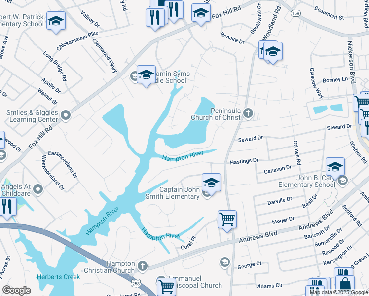 map of restaurants, bars, coffee shops, grocery stores, and more near 415 Elizabeth Lake Drive in Hampton