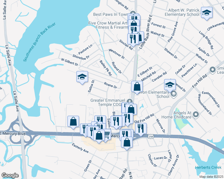 map of restaurants, bars, coffee shops, grocery stores, and more near 117 Roane Drive in Hampton
