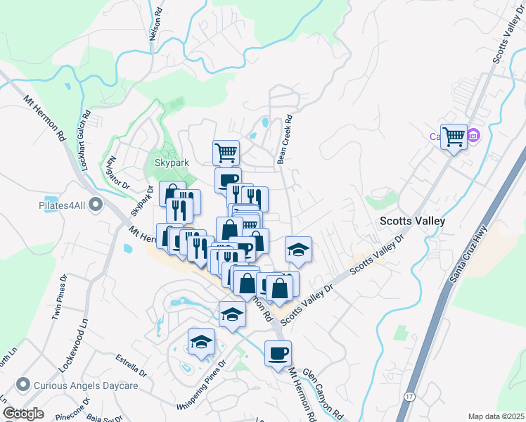 map of restaurants, bars, coffee shops, grocery stores, and more near 211 Bean Creek Road in Scotts Valley
