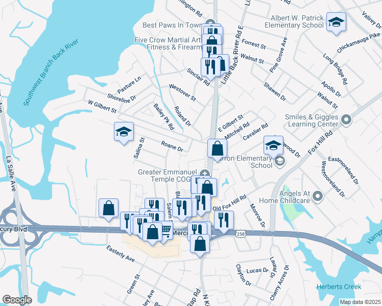 map of restaurants, bars, coffee shops, grocery stores, and more near 113 Roane Drive in Hampton