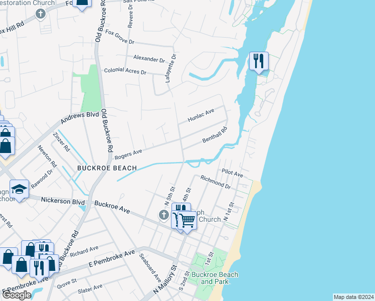 map of restaurants, bars, coffee shops, grocery stores, and more near 449 Benthall Road in Hampton