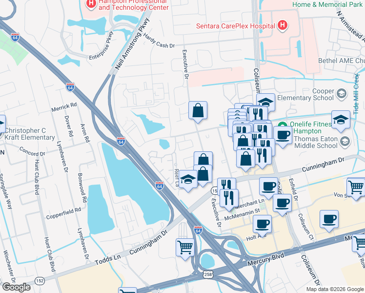 map of restaurants, bars, coffee shops, grocery stores, and more near 101 Lake Tower Drive in Hampton