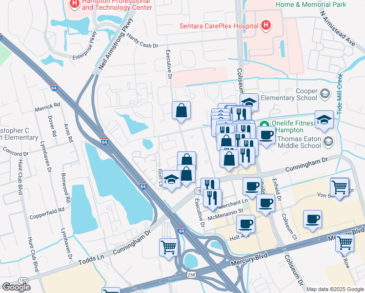 map of restaurants, bars, coffee shops, grocery stores, and more near 500 Benevita Place in Hampton
