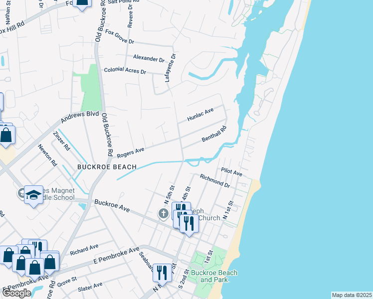 map of restaurants, bars, coffee shops, grocery stores, and more near 447 Benthall Road in Hampton