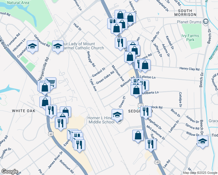 map of restaurants, bars, coffee shops, grocery stores, and more near 41 Greenwood Road in Newport News