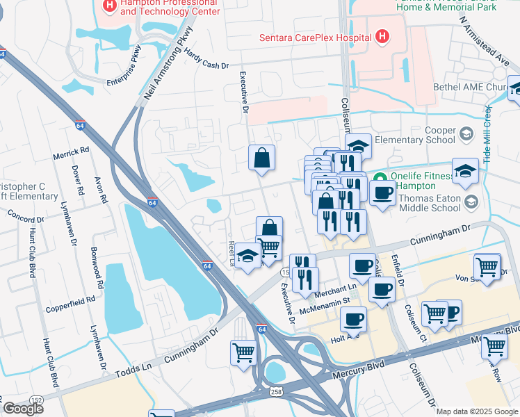 map of restaurants, bars, coffee shops, grocery stores, and more near 600 Benevita Place in Hampton