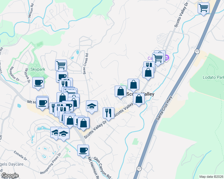 map of restaurants, bars, coffee shops, grocery stores, and more near 15 Terrace View Ct in Scotts Valley