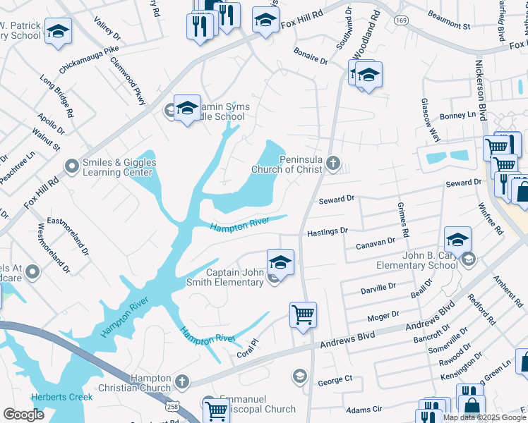 map of restaurants, bars, coffee shops, grocery stores, and more near 333 Woodside Drive in Hampton