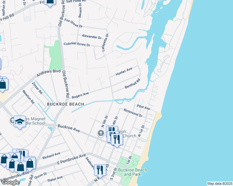 map of restaurants, bars, coffee shops, grocery stores, and more near 447 Benthall Road in Hampton