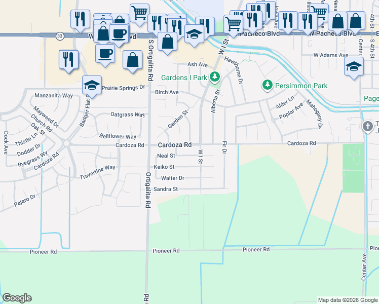 map of restaurants, bars, coffee shops, grocery stores, and more near 917 Neal Street in Los Banos