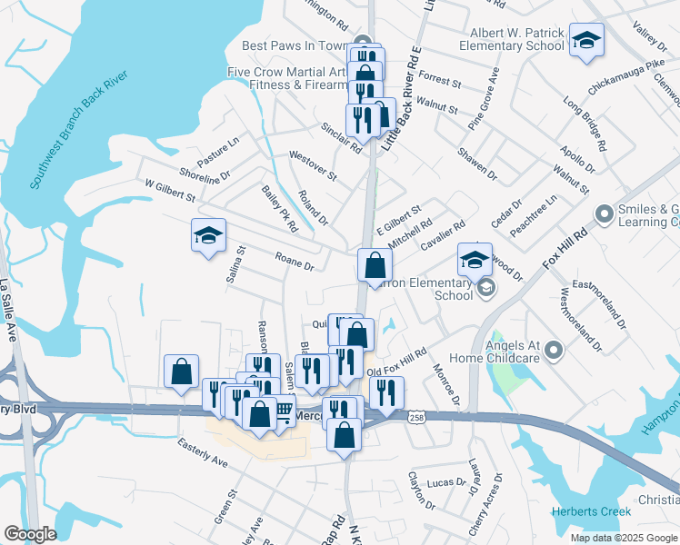 map of restaurants, bars, coffee shops, grocery stores, and more near 108 Lantana Lane in Hampton