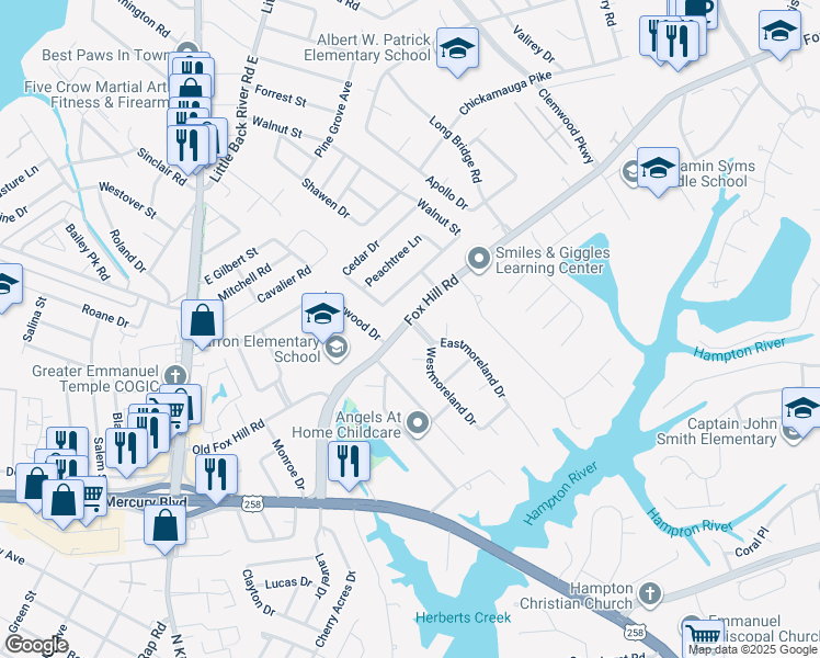 map of restaurants, bars, coffee shops, grocery stores, and more near 88 Fox Hill Road in Hampton