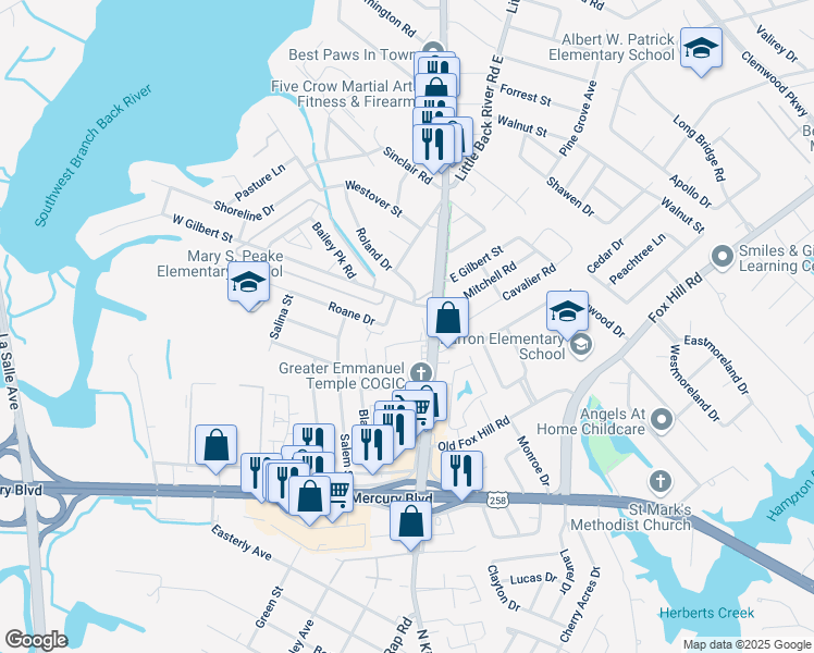 map of restaurants, bars, coffee shops, grocery stores, and more near 108 Lantana Lane in Hampton