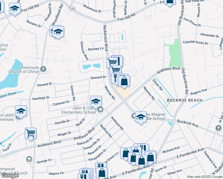 map of restaurants, bars, coffee shops, grocery stores, and more near 2012 Brown Circle in Hampton