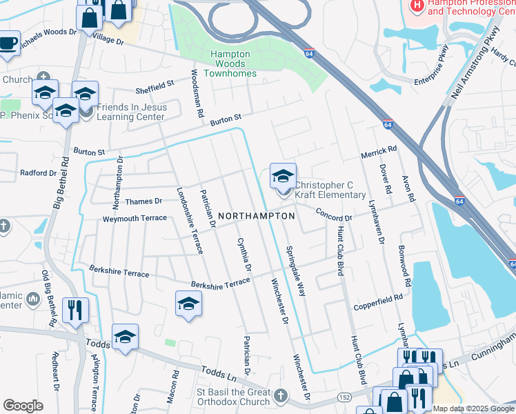 map of restaurants, bars, coffee shops, grocery stores, and more near 302 Winchester Drive in Hampton