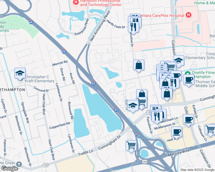 map of restaurants, bars, coffee shops, grocery stores, and more near 301 Monticello Mews in Hampton