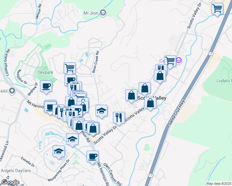 map of restaurants, bars, coffee shops, grocery stores, and more near 118 Christel Oaks Drive in Scotts Valley