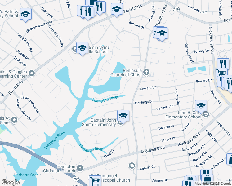 map of restaurants, bars, coffee shops, grocery stores, and more near 333 Woodside Drive in Hampton